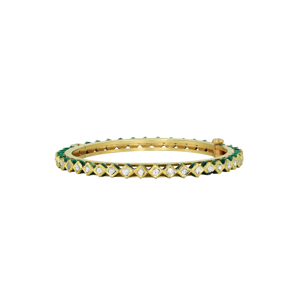Geometric Gold Bangle with Green Enamel on Edge